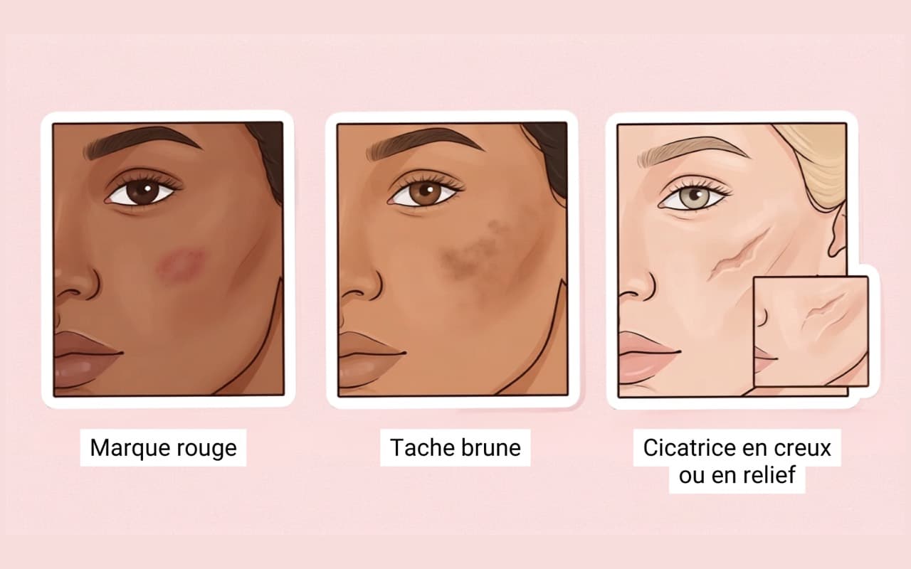 Différence entre une marque rouge, une tache brune et une cicatrice post-acné en relief ou en creux