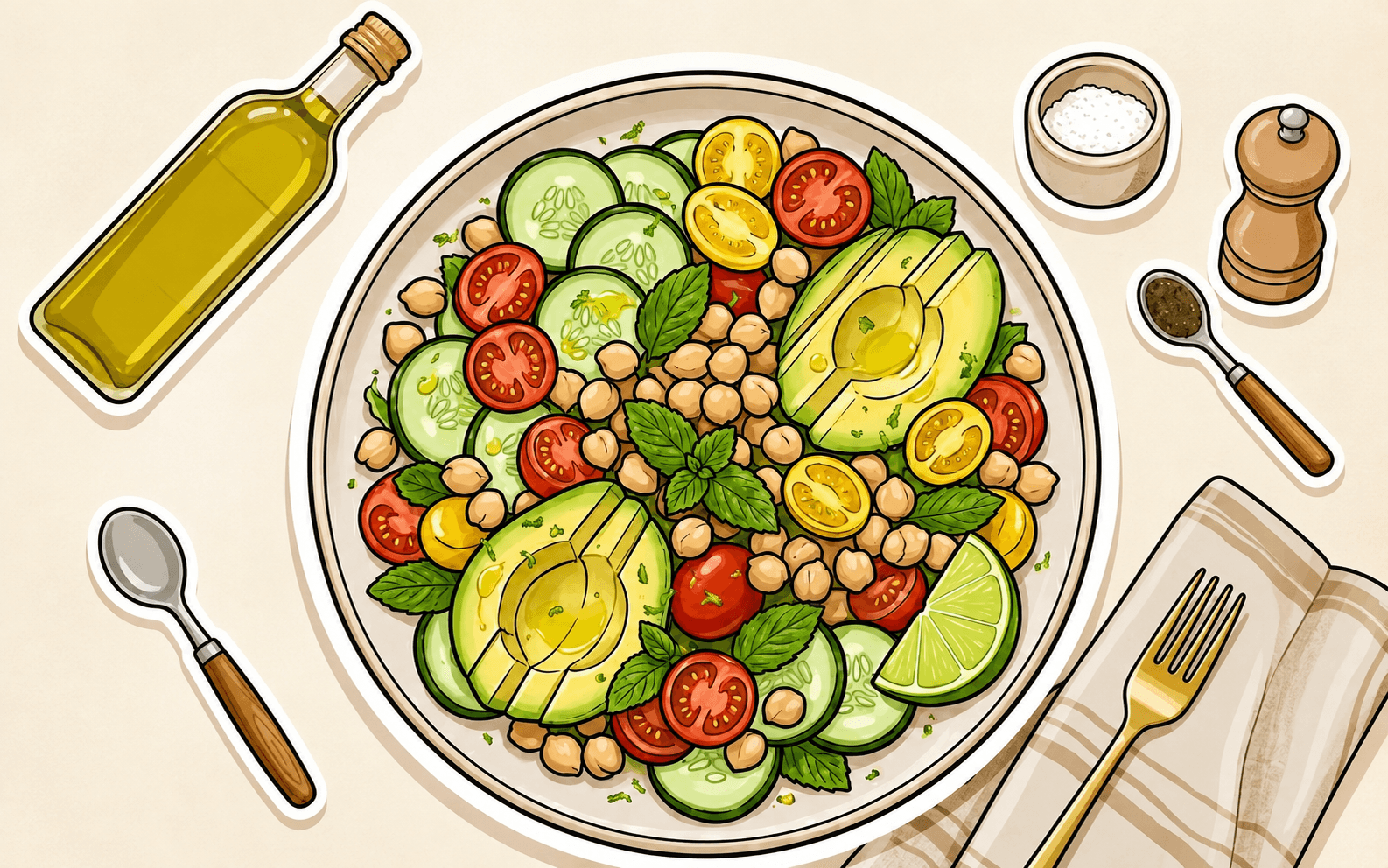 Repas complet avec pois chiches, avocat, concombre et tomates pour soutenir une alimentation variée
